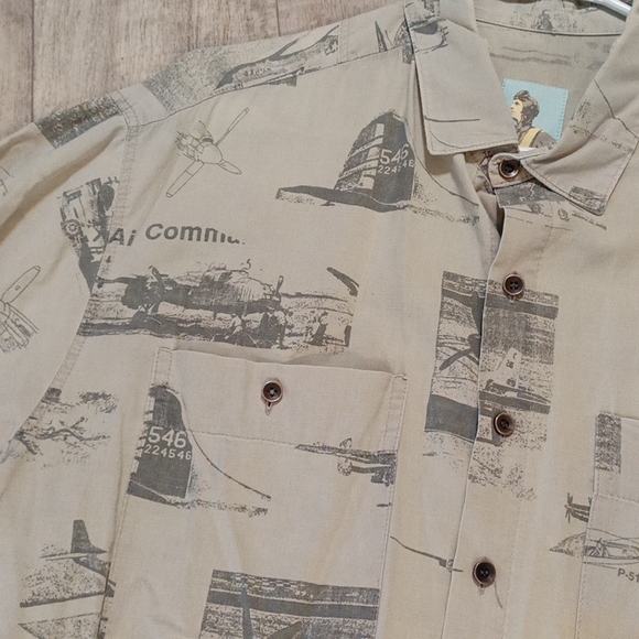 Mens Shirt Collared button up short sleeve Sz XL tan TEST PILOT Airplane print - Picture 3 of 13